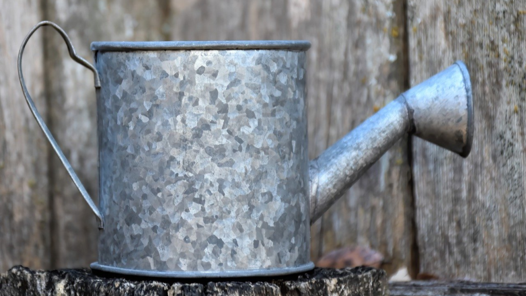 a watering tin can on top of a log